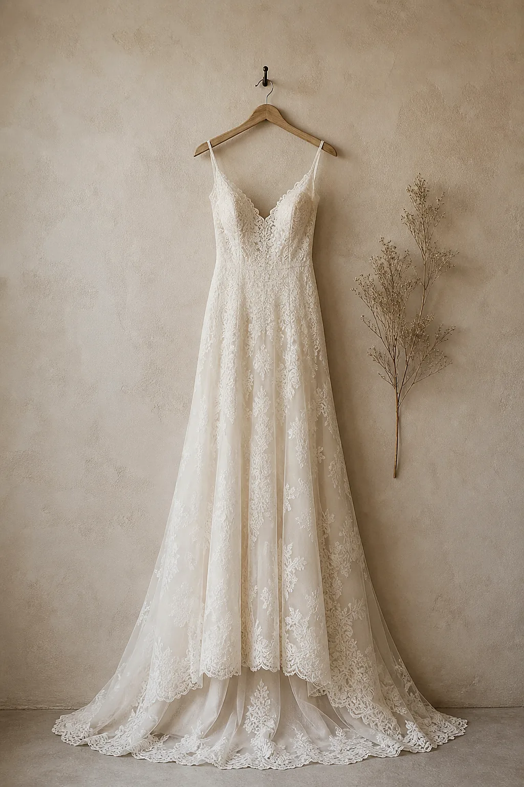 An ivory wedding gown on a wooden hanger against a soft plaster wall