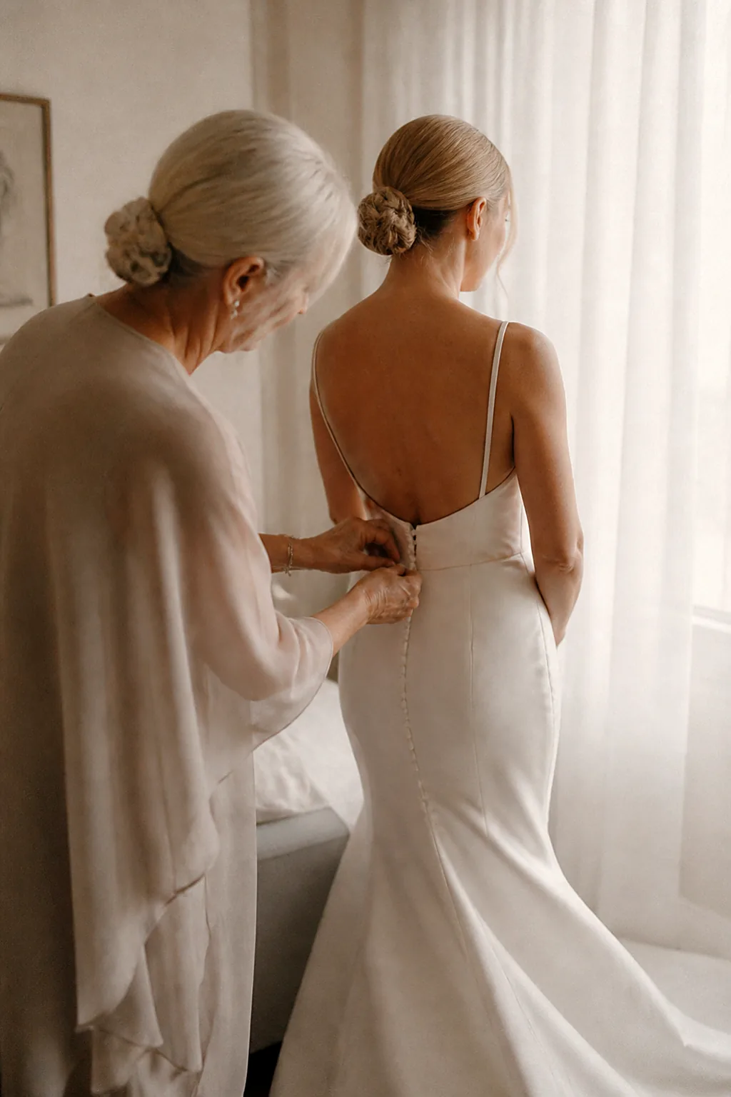 An older woman fastening the small covered buttons of a bride's ivory silk gown