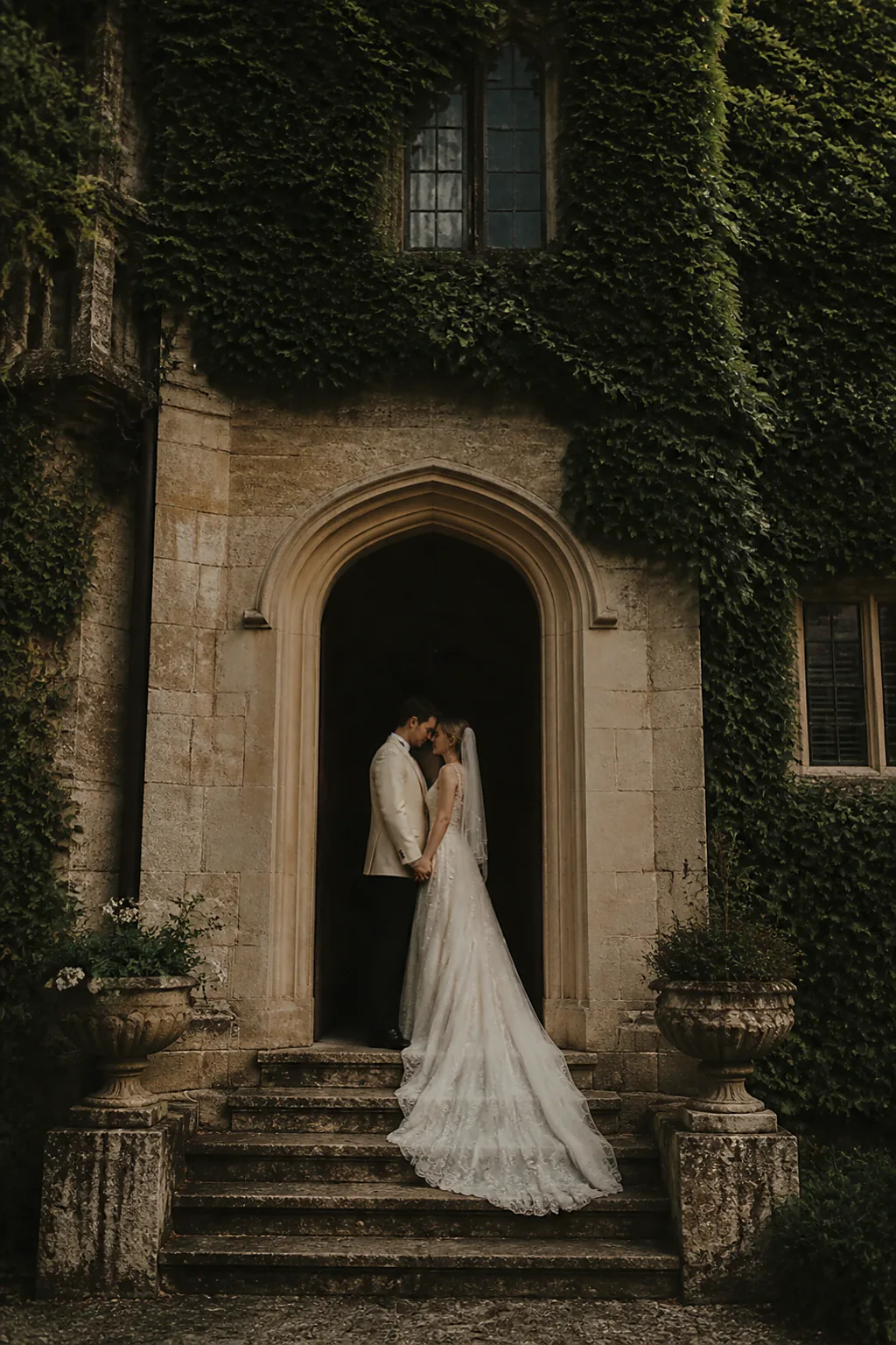 A couple standing in the tall arched doorway of an ivy-covered stone manor