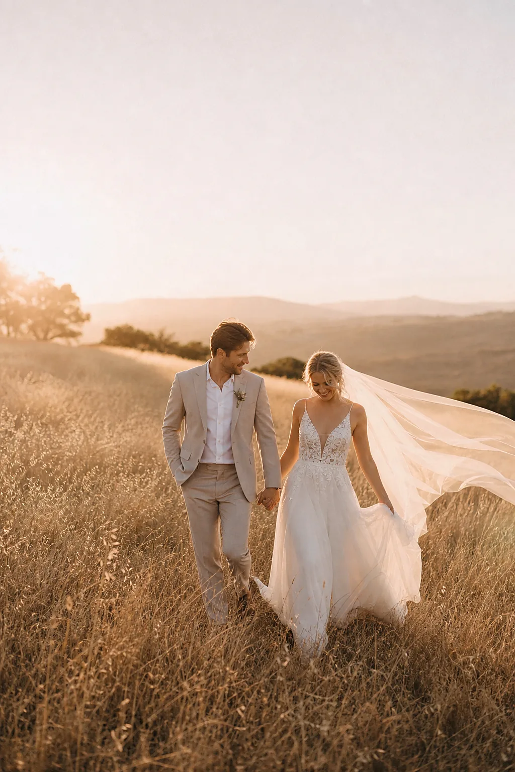 Newlyweds walking through tall grass at golden hour