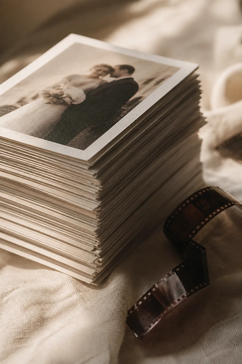 A deep stack of matte archival wedding prints resting on linen