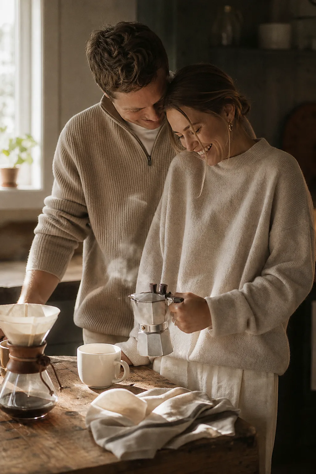 A couple making coffee together in a sunlit kitchen