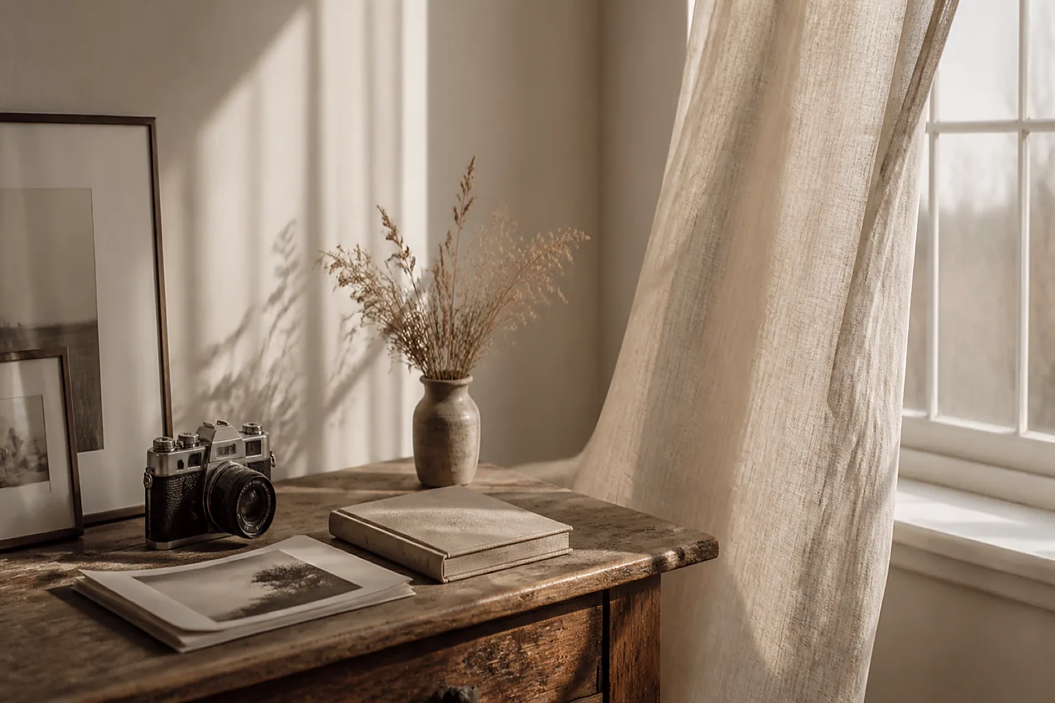 A sunlit studio corner with a vintage film camera, archival prints and a linen album