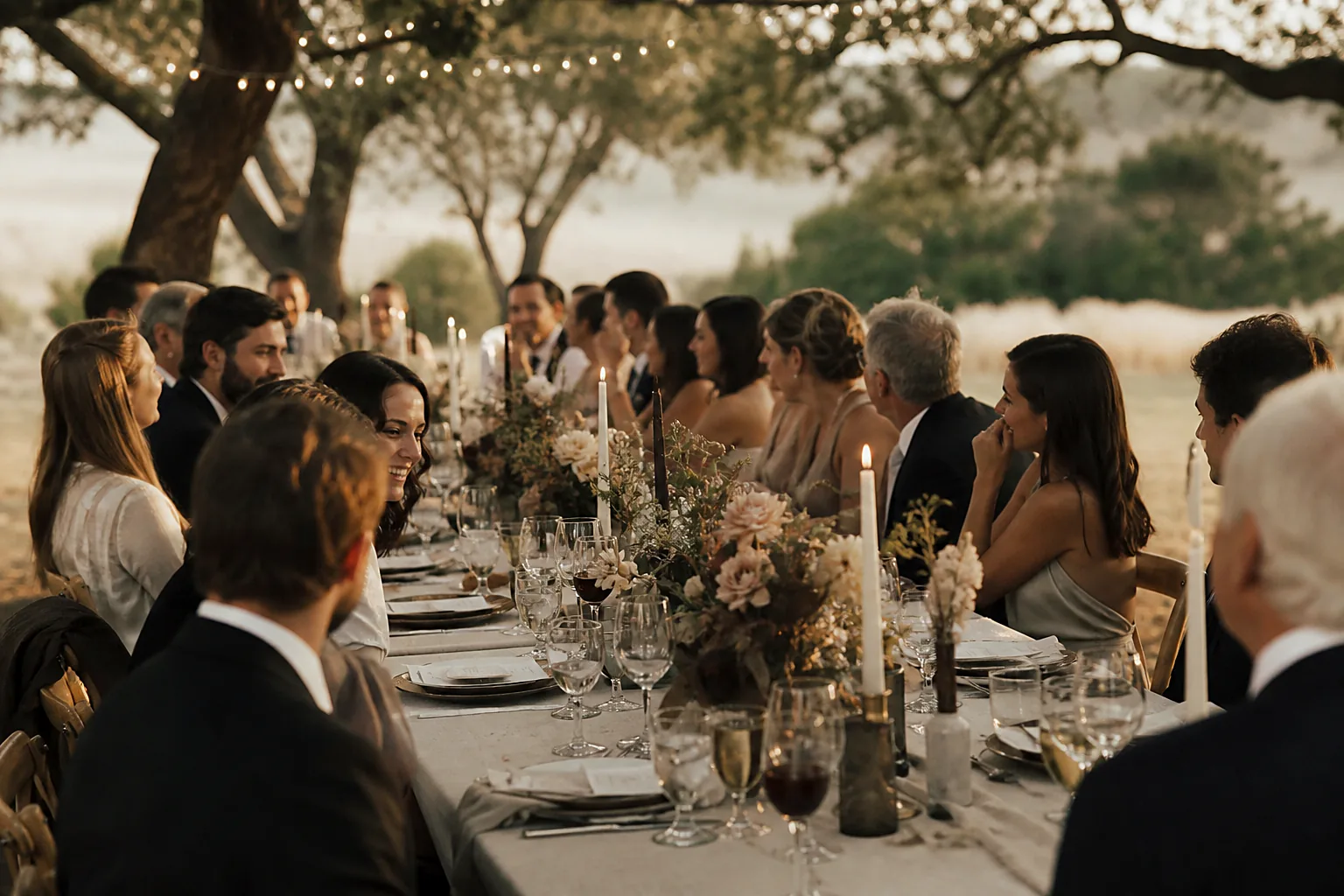 A long outdoor banquet table set beneath old trees for a wedding dinner