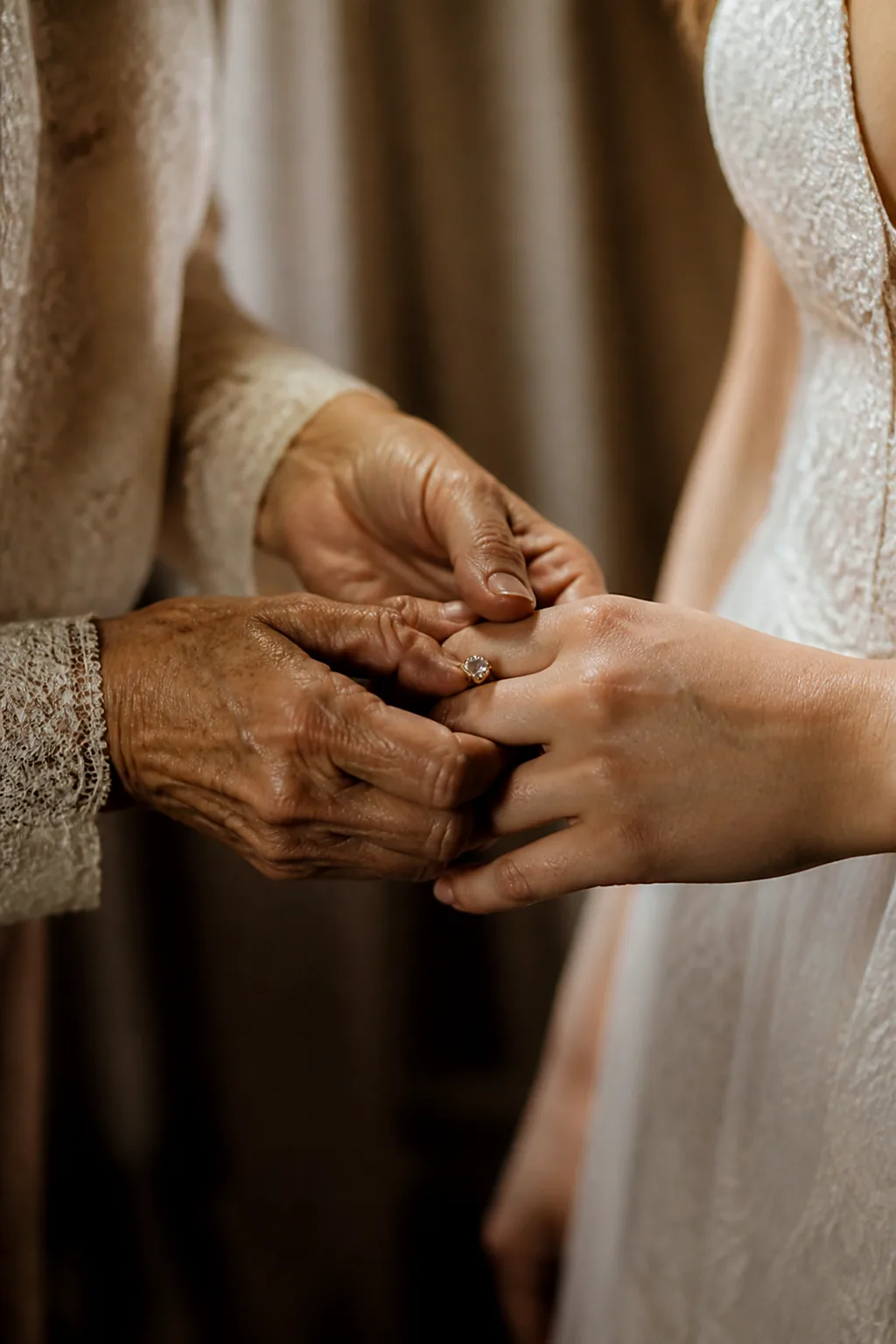 An elderly woman's weathered hands gently holding a bride's hands