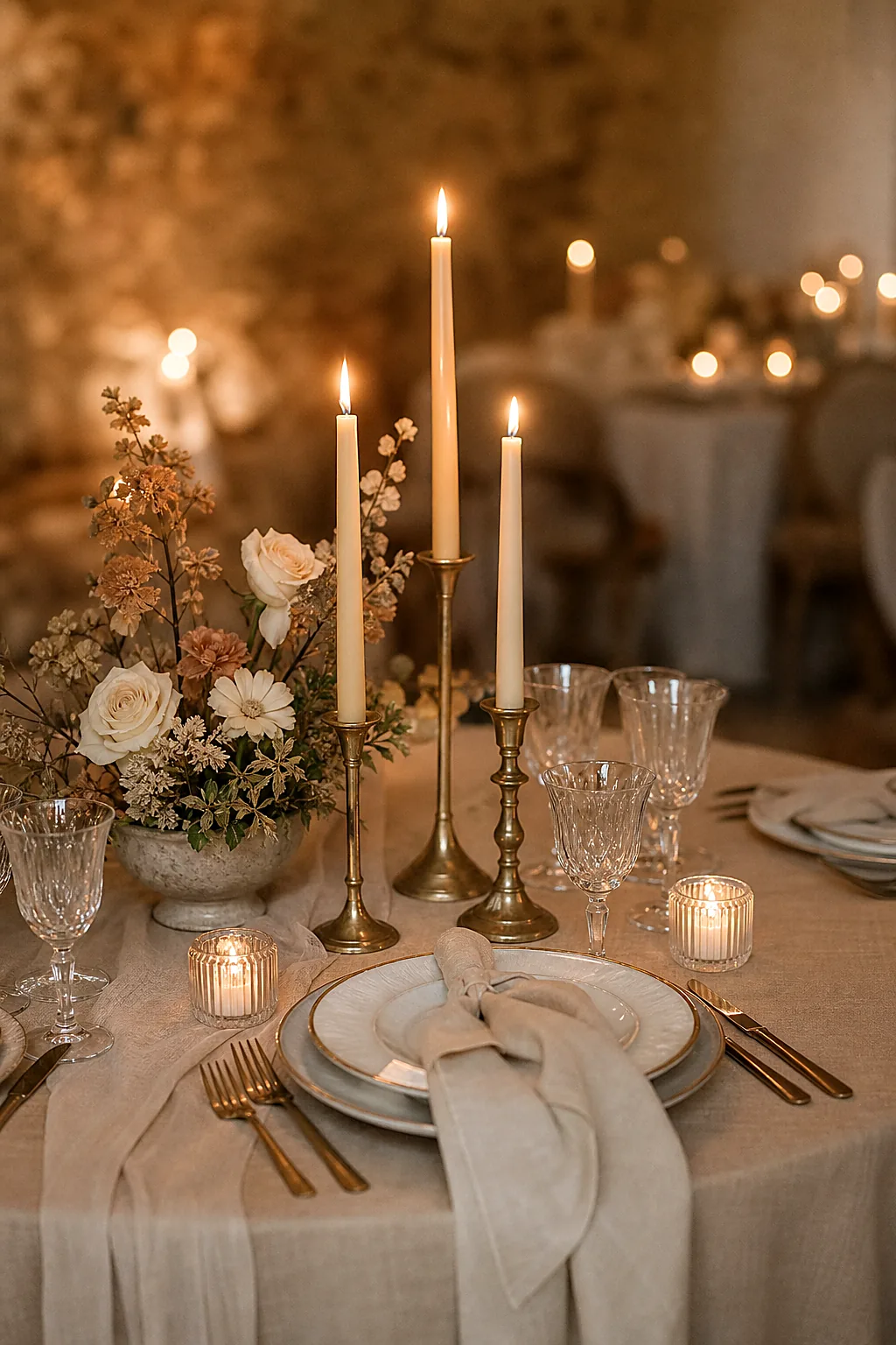 Candle-lit wedding reception table with neutral florals