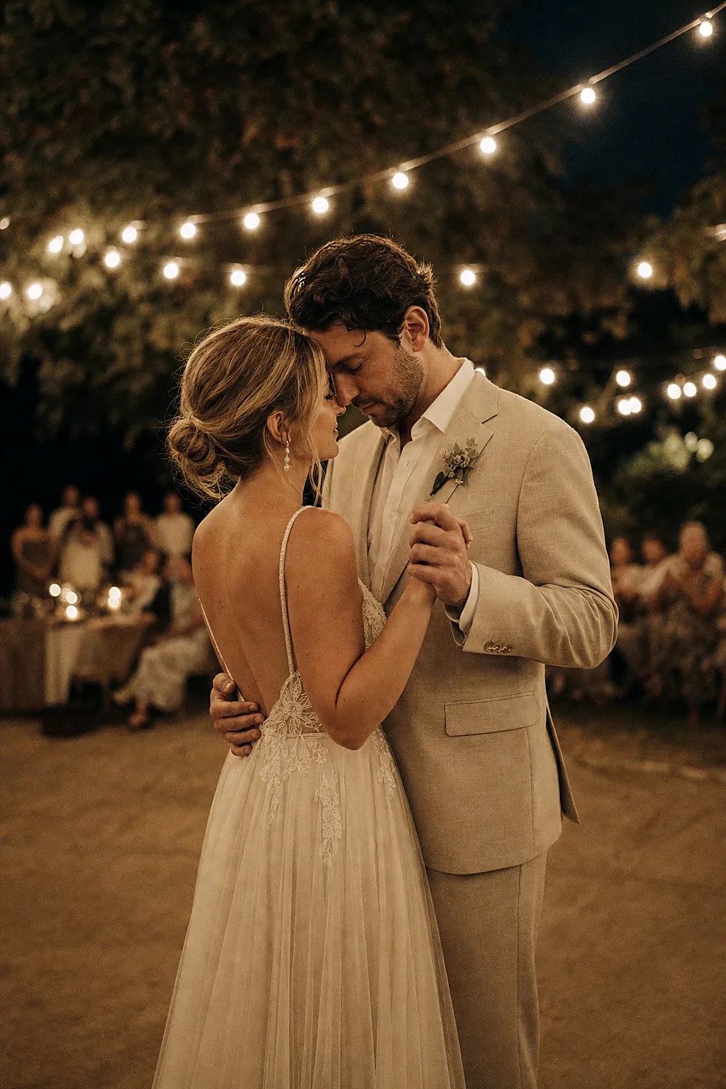 Bride and groom in a first dance under warm string lights