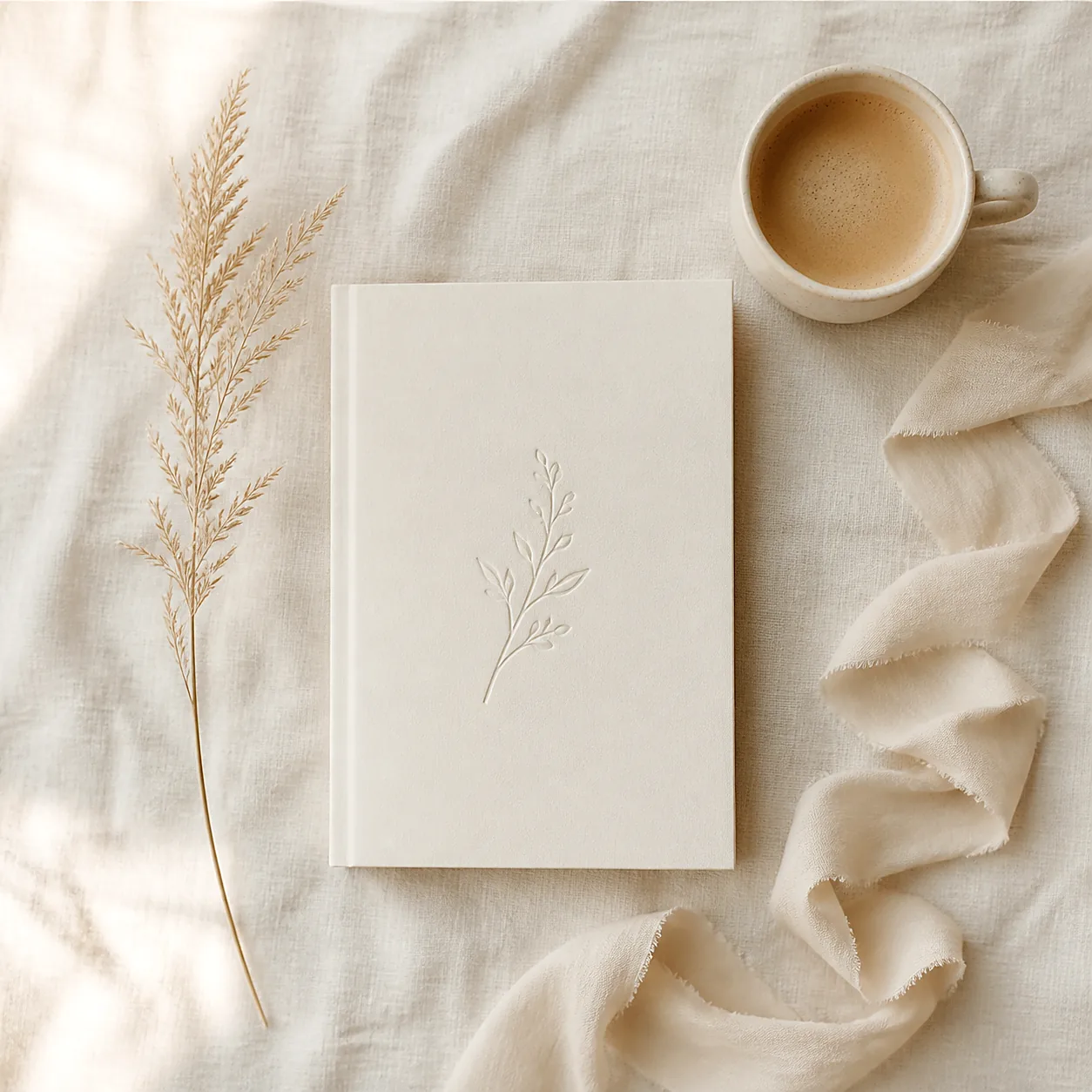 A cream wedding planning guide on pale washed linen with dried grass and coffee