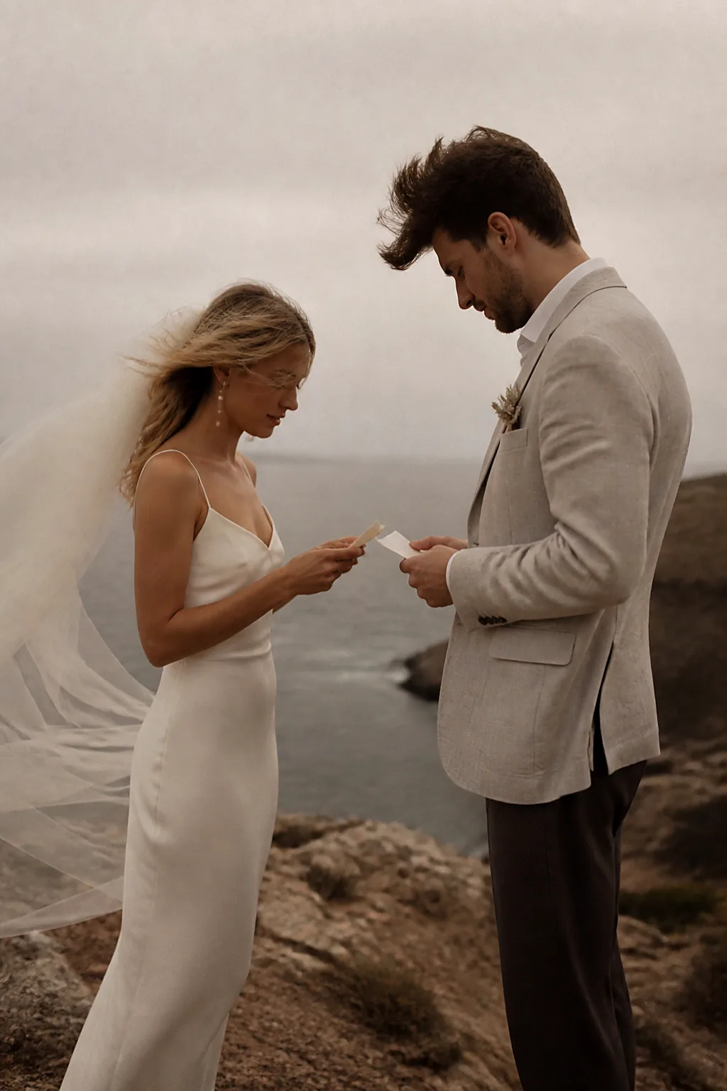 A couple reading private vows on a windswept clifftop