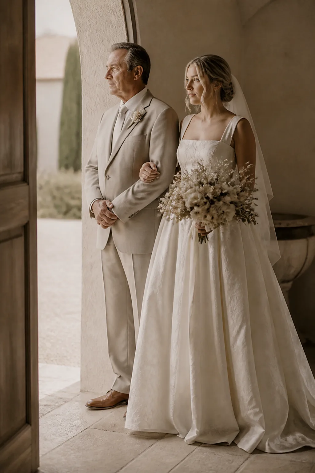 A father and daughter in a doorway before the aisle