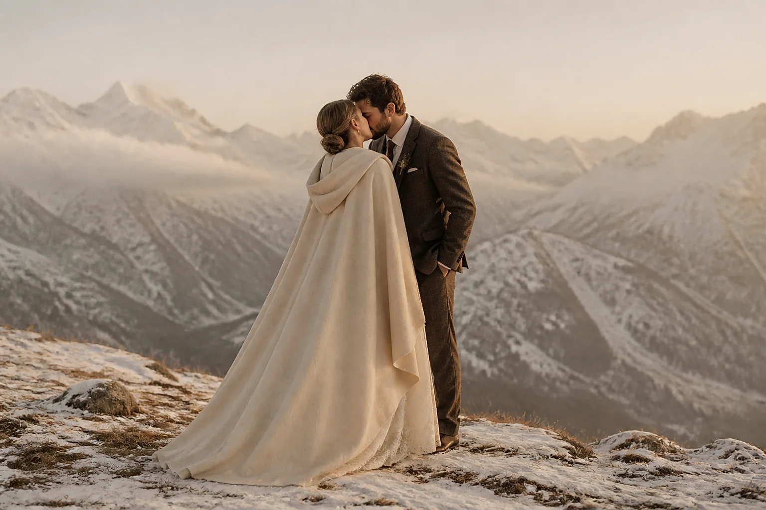 An eloping couple on a snow-dusted alpine ridge in winter haze