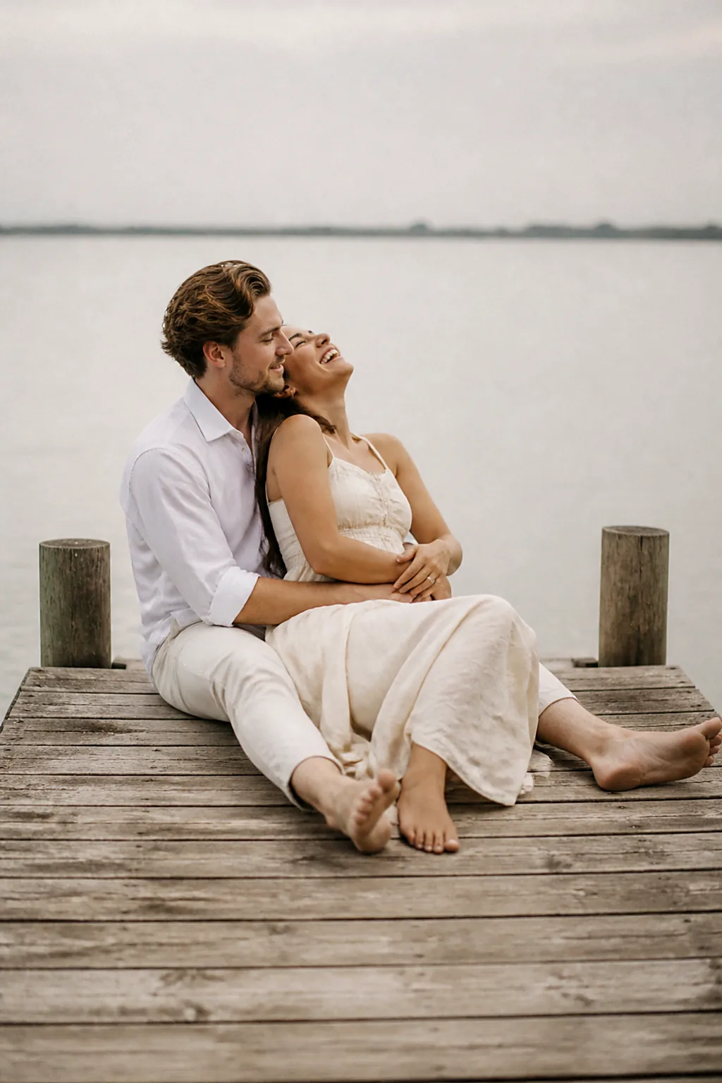 An engaged couple sitting barefoot at the end of a wooden jetty