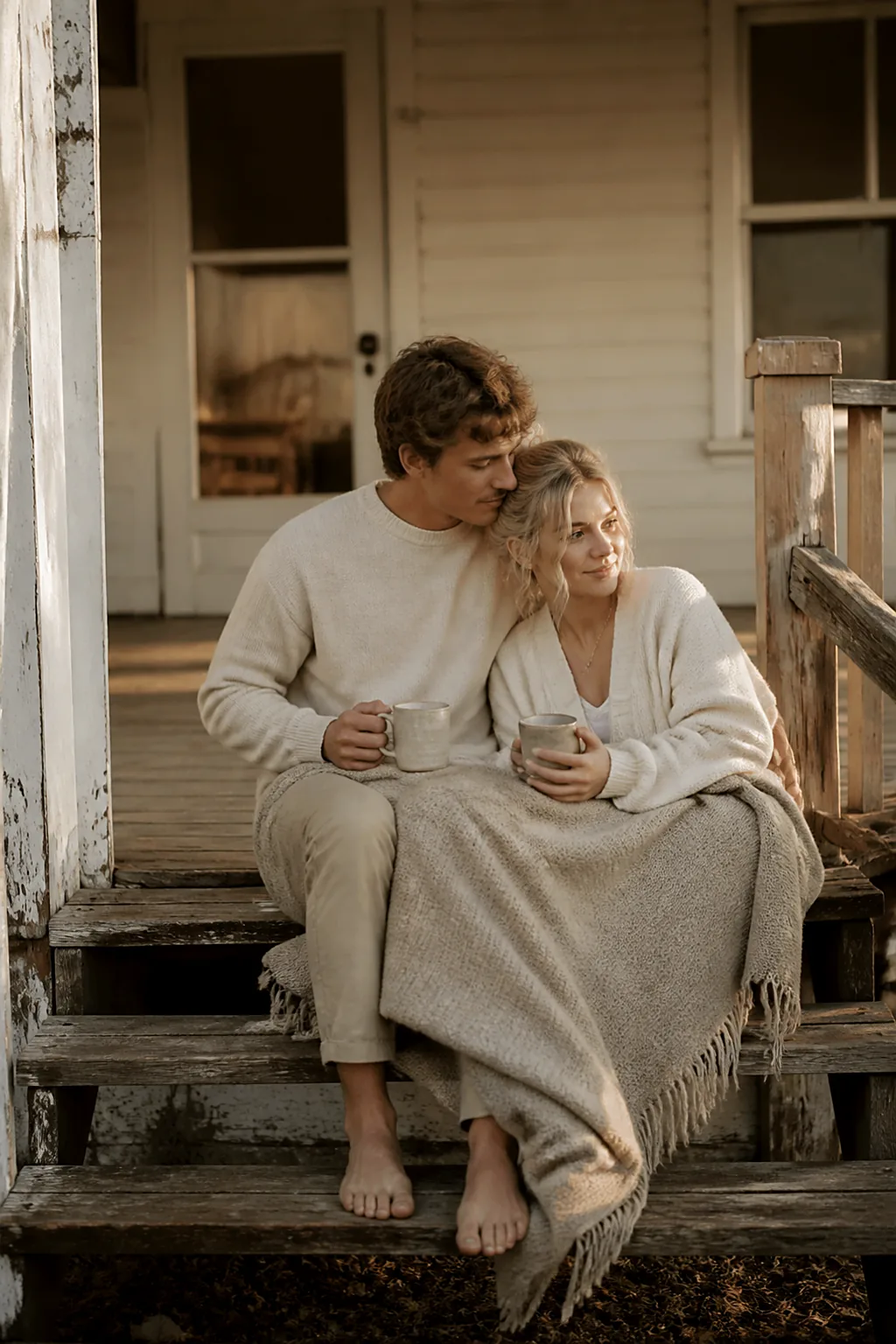 An engaged couple on the wooden steps of an old porch at dusk