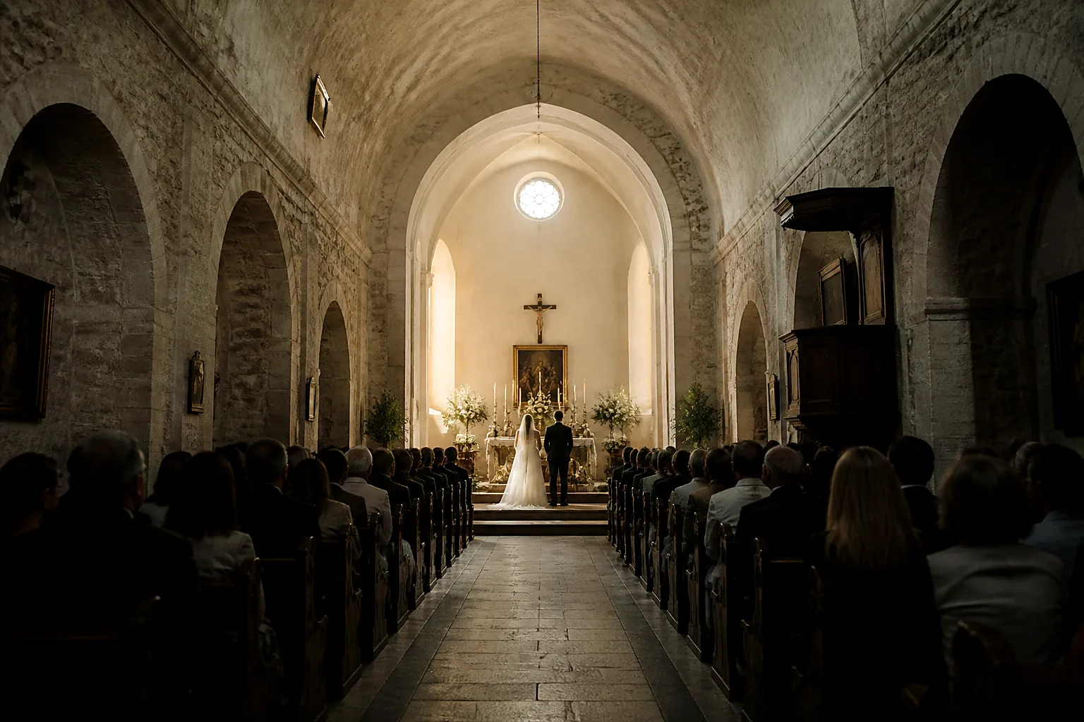A wedding ceremony seen from the back of an old stone chapel